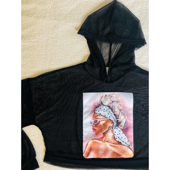 Embellished Graphic Mesh Crop Top Hoodie w/ 3D Raised Detailing. - Picture 8 of 10